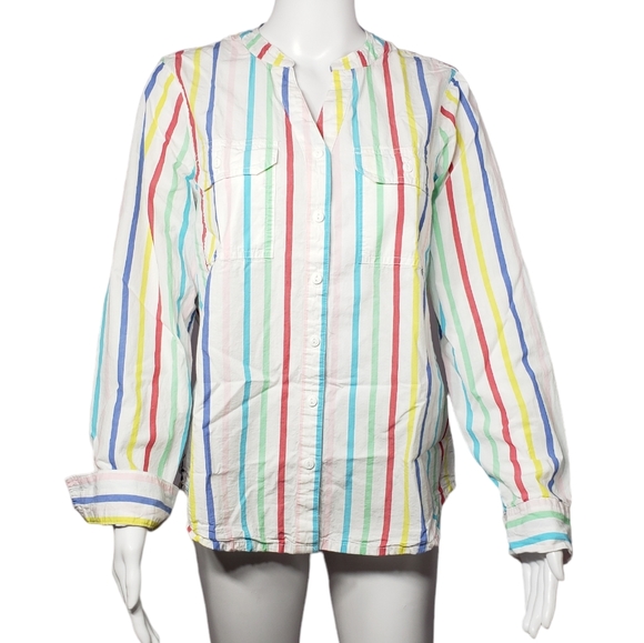 St. John's Bay 100% Cotton Women's Long Sleeve Buttoned Striped Shirt, Size Med - Picture 1 of 17